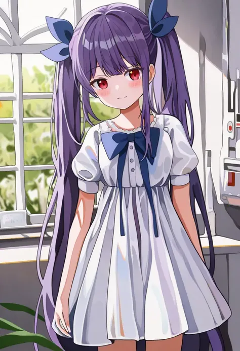 1girl, 
original, 
solo, smile, indoors, long hair, red eyes, window, twintails, purple hair, looking at viewer, cowboy shot, dress, hair bow, bow, very long hair, blush, short sleeves, puffy short sleeves, white dress, blue bow,