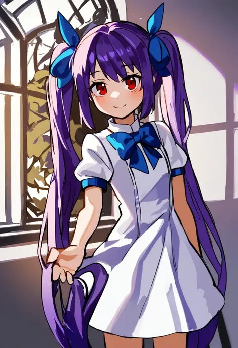 1girl, 
original, 
solo, smile, indoors, long hair, red eyes, window, twintails, purple hair, looking at viewer, cowboy shot, dress, hair bow, bow, very long hair, blush, short sleeves, puffy short sleeves, white dress, blue bow,