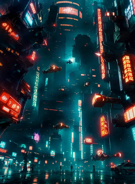 absurdres, highres, ultra detailed, BREAK concept art, (anime style:1.3), heavy industrial sculptures, industrial pipe, city street, (skyscraper:1.3), (flying cars:1.1), neon lights, neon signs, industrial design, (cityscape:1.4), urban installations, futu...