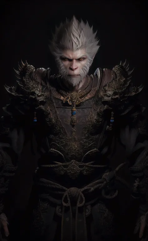 (hyperrealism:1.2), (masterpiece:1.2), (best quality:1.2), (ultra detailed:1.2), BREAK black monkey king, demon, evil grin, glowing eyes, big fang, golden floral ornament, silver hair, furry, veins, skull ornament, ornate, diamond, gem, dragon scale armor,...