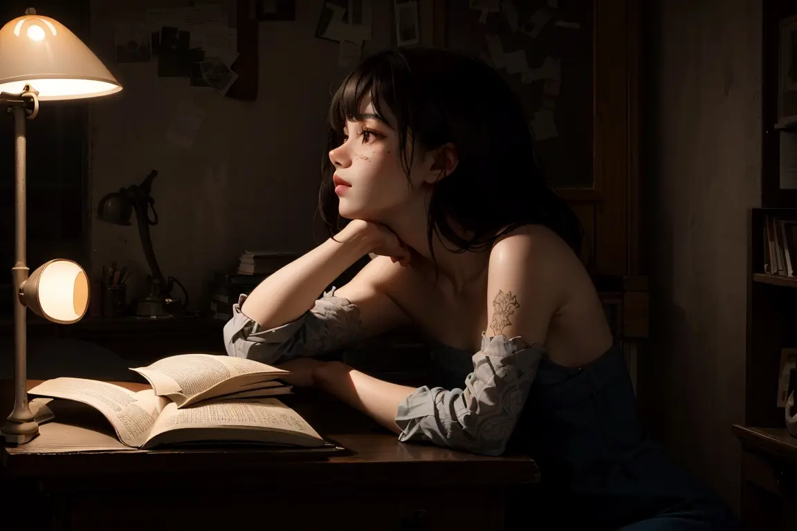 masterpiece, best quality,
dark shot, a girl reading a book, Girls messy bedroom,
In the quiet solitude of a late-night room, a girl finds herself immersed in the pages of a mysterious book, her face illuminated by the warm glow of a desk lamp, as her ima...