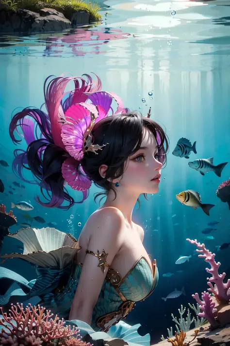 masterpiece, best quality, Alphonse Mucha, art nouveau,
(tarot card style:1.3), tarot framework with deep-sea motifs,
(dark shot:1.2), blue theme, dark and glowing,
1girl, grey brond hair, absurdly long hair, ponytail, upper body, from side, looking a...