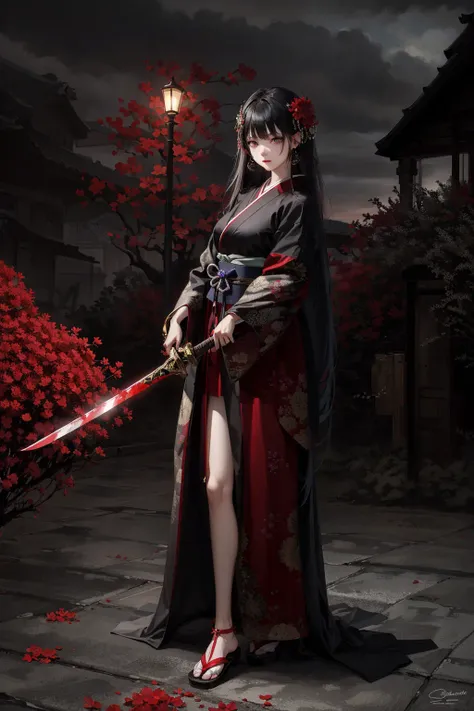 masterpiece, best quality,
looking afar, full body,
dark shot, horror, cluster amaryllis in full bloom , blood,
In the midst of a stormy night, a sorrowful girl adorned in Japanese battle attire stands determined, wielding a mystical sword against the om...