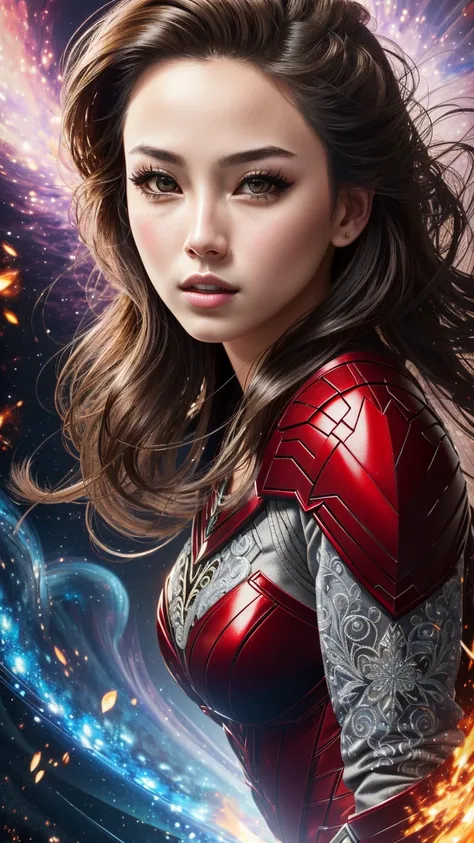 (masterpiece), (best quality), (realistic:1.6),(photorealistic:1.3),(intricate details:1.34), high contrast and dynamic pose, in the style of Ross Tran,
scarlet witch  in action shot, wearing a impossible damage armor, kaleidoscope <lora:kaleidoscope_backg...