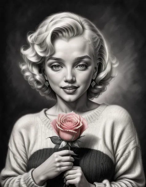 a hand drawn charcoal drawing of Marilyn Monroe holding a rose, wearing a sweater, 8k, high quality, beautiful, elegant, illustration,