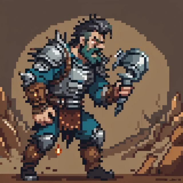 a close up of a pixel art of a man holding a hammer