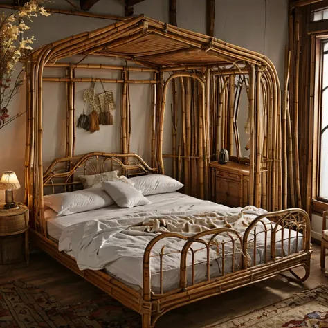 a close up of a bed with a canopy made of bamboo