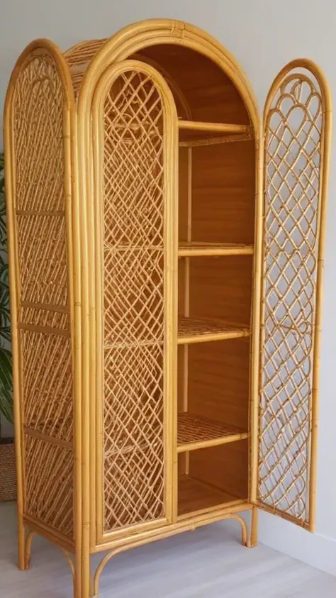 a close up of a wicker cabinet with a door open