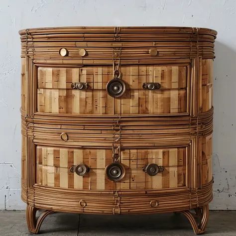 a close up of a bamboo chest of drawers with a clock on top