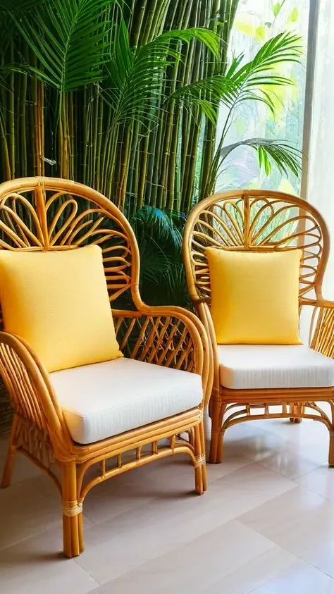 a close up of two chairs with yellow cushions in a room