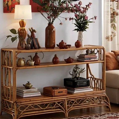 a close up of a shelf with vases and flowers on it