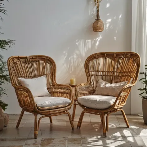 a close up of two chairs in a room with a plant