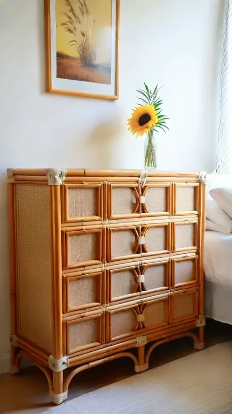 there is a dresser with a sunflower in a vase on top of it