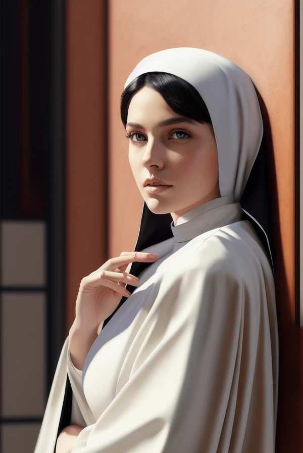 portrait of a beautiful women, big breasts, ((nun)), modelshoot style, (extremely detailed cg unity 8k wallpaper), full shot bod...