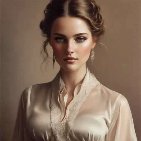 brooke shields,feminine,((perfect face)),((sexy face)),((detailed pupils)).rolf armstron,tom bagshaw. oil painting. (((large bre...