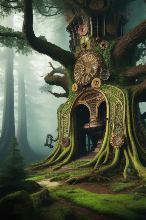 yggdrasil imagined as steampunk towering a forrest, surrounded by forrest, intricate, detailed, vivid colors, hyper realistic, m...