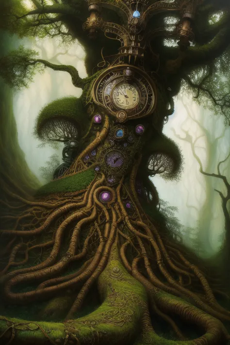 yggdrasil imagined as steampunk towering a forrest, surrounded by forrest, intricate, detailed, vivid colors, hyper realistic, m...