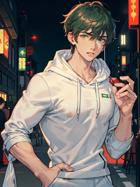 masterpiece, best quality, 1 male, handsome, tall muscular guy, studio film light , pale face, dark-green eyes, white curly short hair, upper body, best ratio four fingers and one thumb, red tight sports hoodie and white jeans,  earphones, headsets, detail...