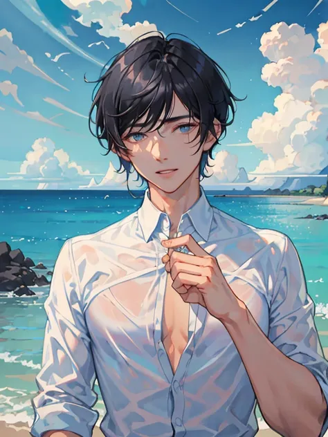 masterpiece, best quality, 1 male, handsome, very short black hair, detailed face, best ratio four finger and one thumb, upper body, unbuttoned white shirt,  holding a handset, ocean background,  blue sky full of extremely brilliant clouds, sparkling horiz...