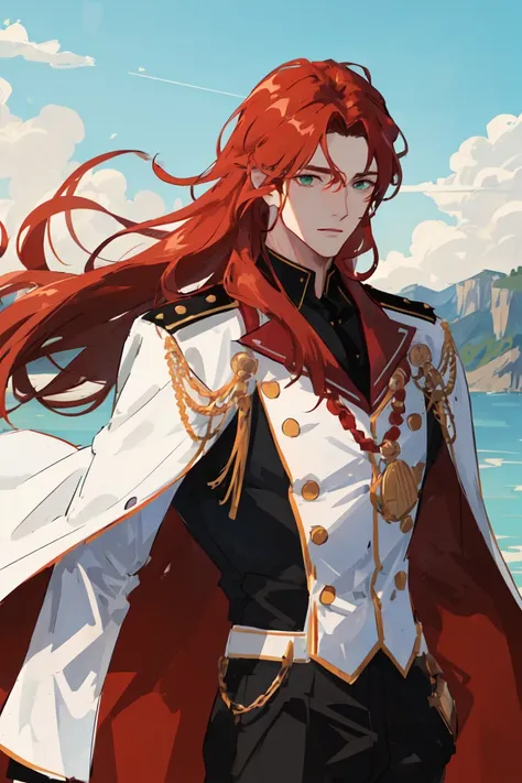 ((masterpiece:1.2, best quality)), 4k, adult, 1man, male, mature, aged up, verytall, muscles, broad shoulders, long red hair, green eyes, naval officer, commander, white cloak, landscape, strong wind