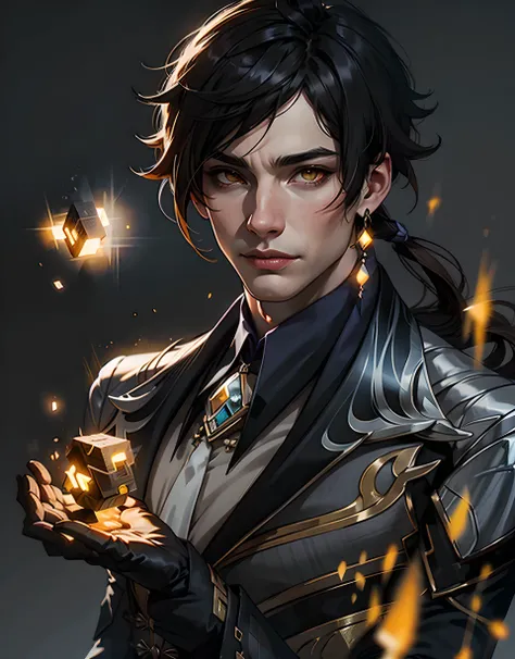 masterpiece, best quality,zhongli (genshin impact), male focus, jewelry, long hair, 1boy, solo, earrings, bangs, gloves, ponytail, black gloves, multicolored hair, brown hair, hair between eyes, single earring, jacket, tassel earrings, long sleeves, tassel...