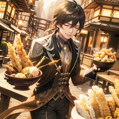 (extremely detailed CG unity 8k wallpaper, masterpiece, best quality, ultra-detailed), (best illumination, best shadow), perfect face, dynamic pose, dynamic angle,
((1boy)), solo, face closeup, food focus, zhongli (genshin impact), (tendon:1.1), (looking f...