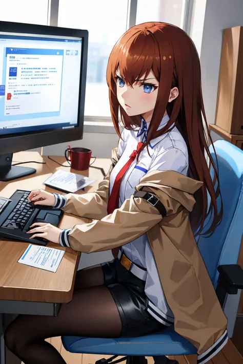 <lora:steinsgate_makise-10:1> makise kurisu, jacket, off shoulder, collared shirt, red necktie, black shorts, pantyhose, legwear under shorts
masterpiece, best quality, absurdres, computer, typing on keyboard, sitting on chair, at desk, angry, ((looking at...