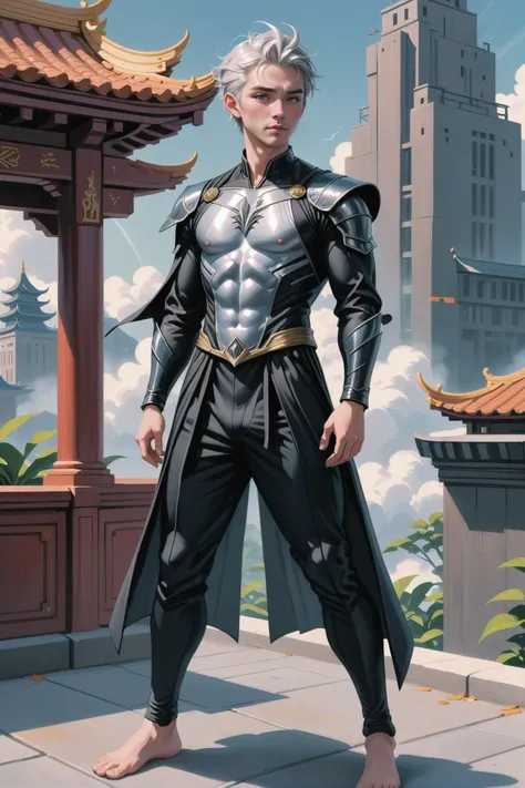 fine art digital painting, (full body:1.2), 1boy, man, solo, [:fantastical costume design,:0.2] mystic, (asian:1.3), light lightgrey hair, (solid:1) build, Rooftop Terrace or Garden (room)