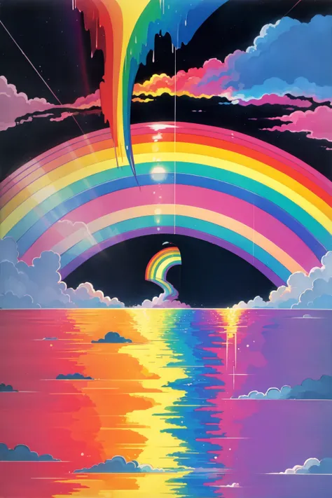 a painting of a rainbow over a body of water with a rainbow