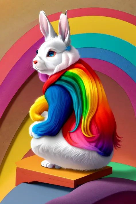 there is a white rabbit with a rainbow scarf on a rainbow colored platform