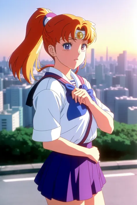 90's anime vintage anime screenshot joyful school girl sailor moon stay in front of post soviet city landscape on the background...