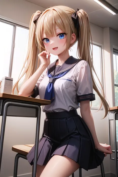 anime girl in school uniform sitting at a desk with a laptop