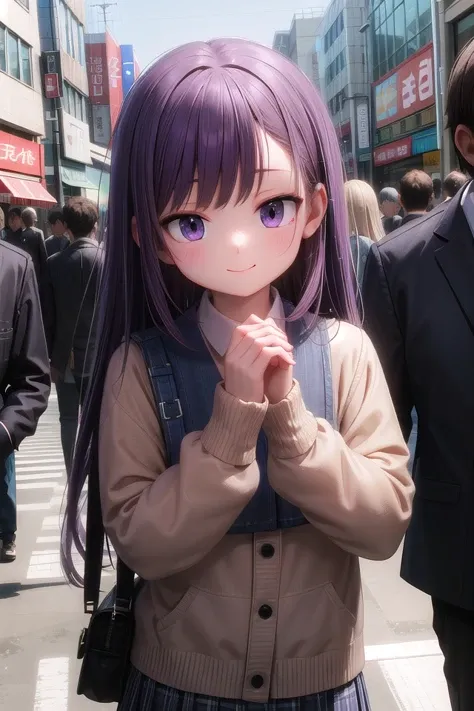 anime girl with purple hair and blue eyes standing in a crowded street