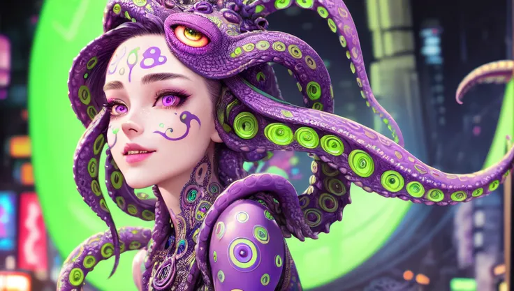 ((best quality)), ((masterpiece)), ((realistic)),  colorful intricate highly detailed octopus girl,metal tenticals, happy face, ...