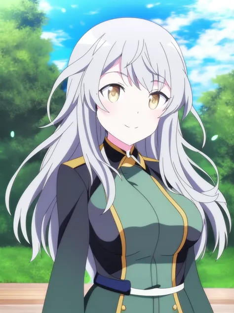 portrait, (solo, 1girl), portrait, (solo, 1girl), day time, large breasts, (Dark Yellow eyes), extra long hair,(Grey hair) curly hair, (Dark Yellow military uniform), school background, best quality, 1girl, dog tail, smile, closed mouth, (anime, waifu, new...