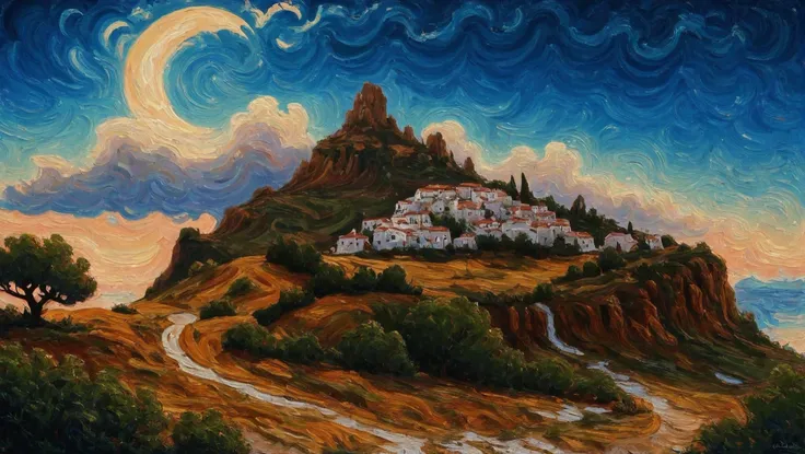 <lora:envystarlightswirloilpainting01:1.25:hr=2>oil painting, ominous greek mythology, cloud scifi town in a lunar cusp observat...