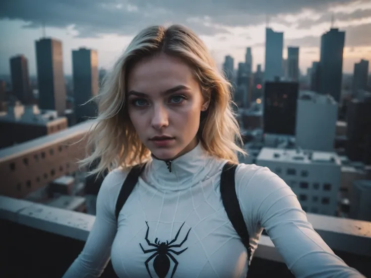 Instagram Selfie, In Casey Baughs evocative style, BREAK 
blacklight, dark theme, cinematic film still, blonde girl wearinga white spidergirl costume with black lines, close up on the roof of a building, night city in the distance, film grain, dynamic pose...