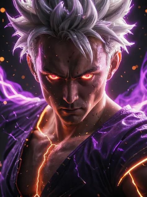 glowneon, photo of glowing Son Gohan emitting sparks and electricity, white hair SUper Saiyan, dark red and purple, glowing eyes, cinematic film still <lora:glowneon_xl_v1:1> <lora:add-detail-xl:0.8>