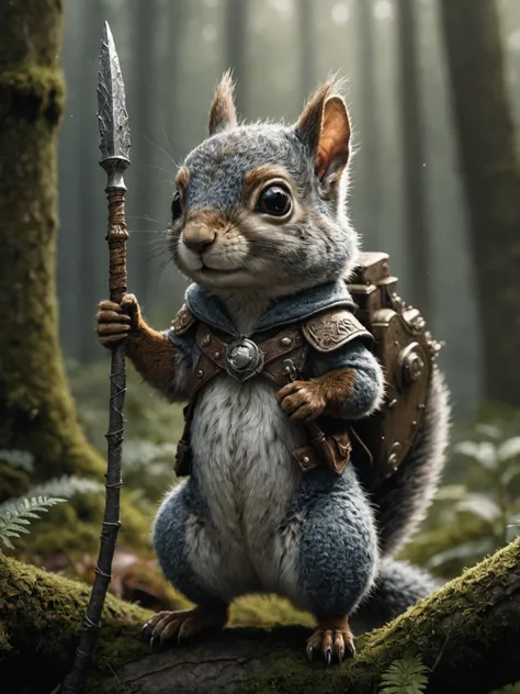 macro camera, illustration of a little magical cute forest creature. The creature IS holding a spear. fantasy art, intricate details, style Jean - Baptiste Monge, style Alan Lee, anthropomorphic squirrel , scene from a movie, dramatic shot angle, atmospher...