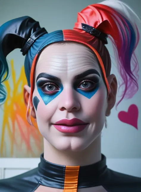 a close up of a woman with a colorful makeup and a clown make up