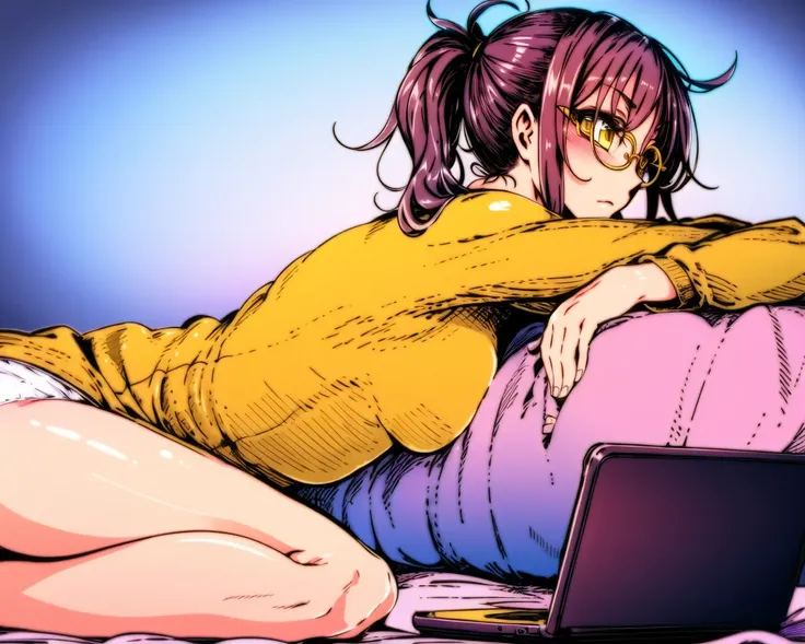 1girl, lying, on stomach, on bed, laptop, glasses, yellow shirt, ponytail, legs up, from side, looking away, white panties