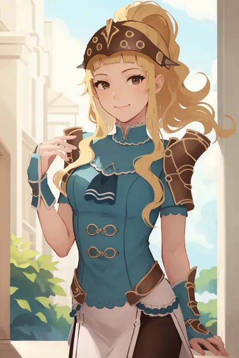 masterpiece, best quality, clair, helmet, blue dress, shoulder armor, gloves, black pantyhose, upper body, smirk, looking at viewer, sky