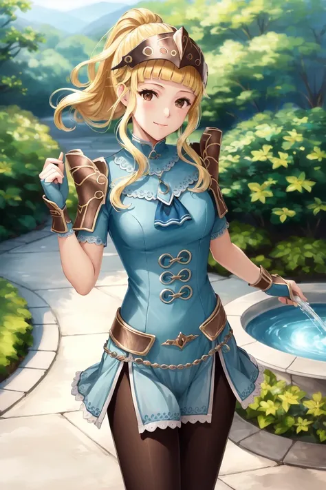 masterpiece, best quality, clair, helmet, blue dress, shoulder armor, gloves, black pantyhose, standing, cowboy shot, looking at viewer, smug, garden, fountain