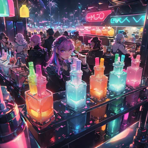 a close up of a person standing in front of a counter with bottles