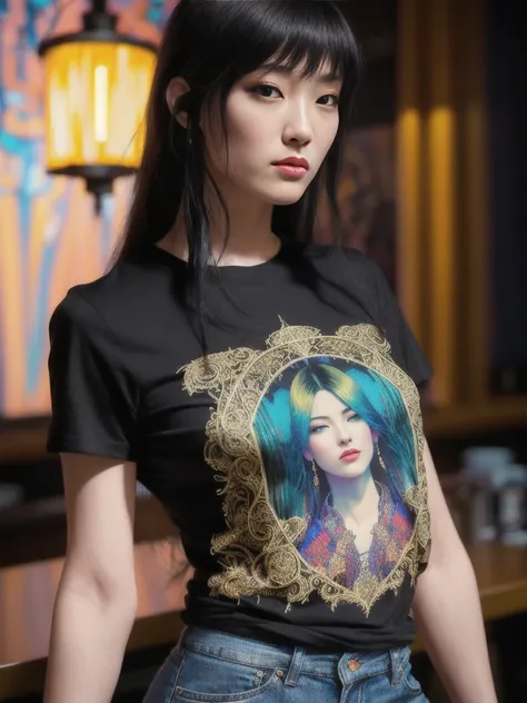 oil painting of a young woman (((wearing an intricate graphic t-shirt))) in a cafe at night, grunge fashion, [[[cyberpunk]]], ba...