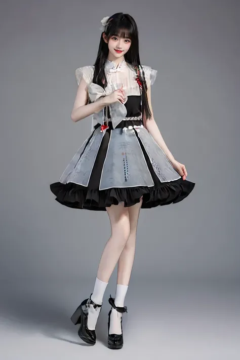 best quality, masterpiece, photorealistic, 1girl, solo, full body, standing, long black straight hair, blunt bangs, looking at viewer, smile, cyb dress, chinese clothes, black pantyhose, high heels, simple background, <lora:cns_dress_vol2_style4_v1:0.8>