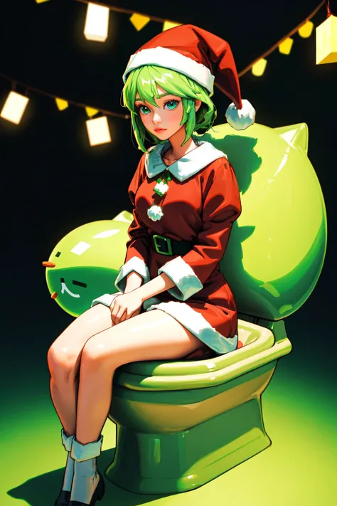 anime girl sitting on a toilet with a green frog