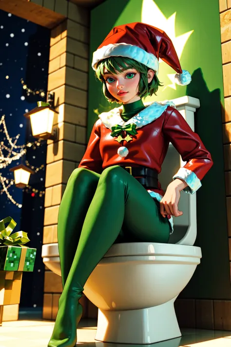 there is a woman sitting on a toilet wearing a santa hat