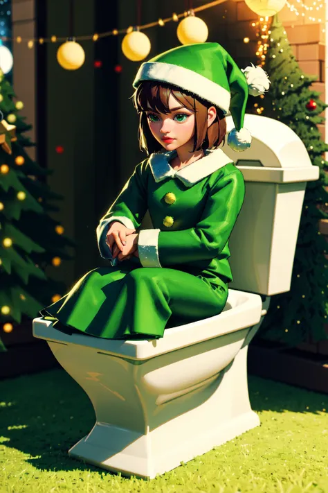 anime girl in green dress sitting on a toilet in front of a christmas tree