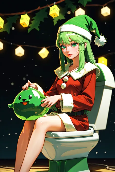 anime girl sitting on a toilet with a green christmas decoration